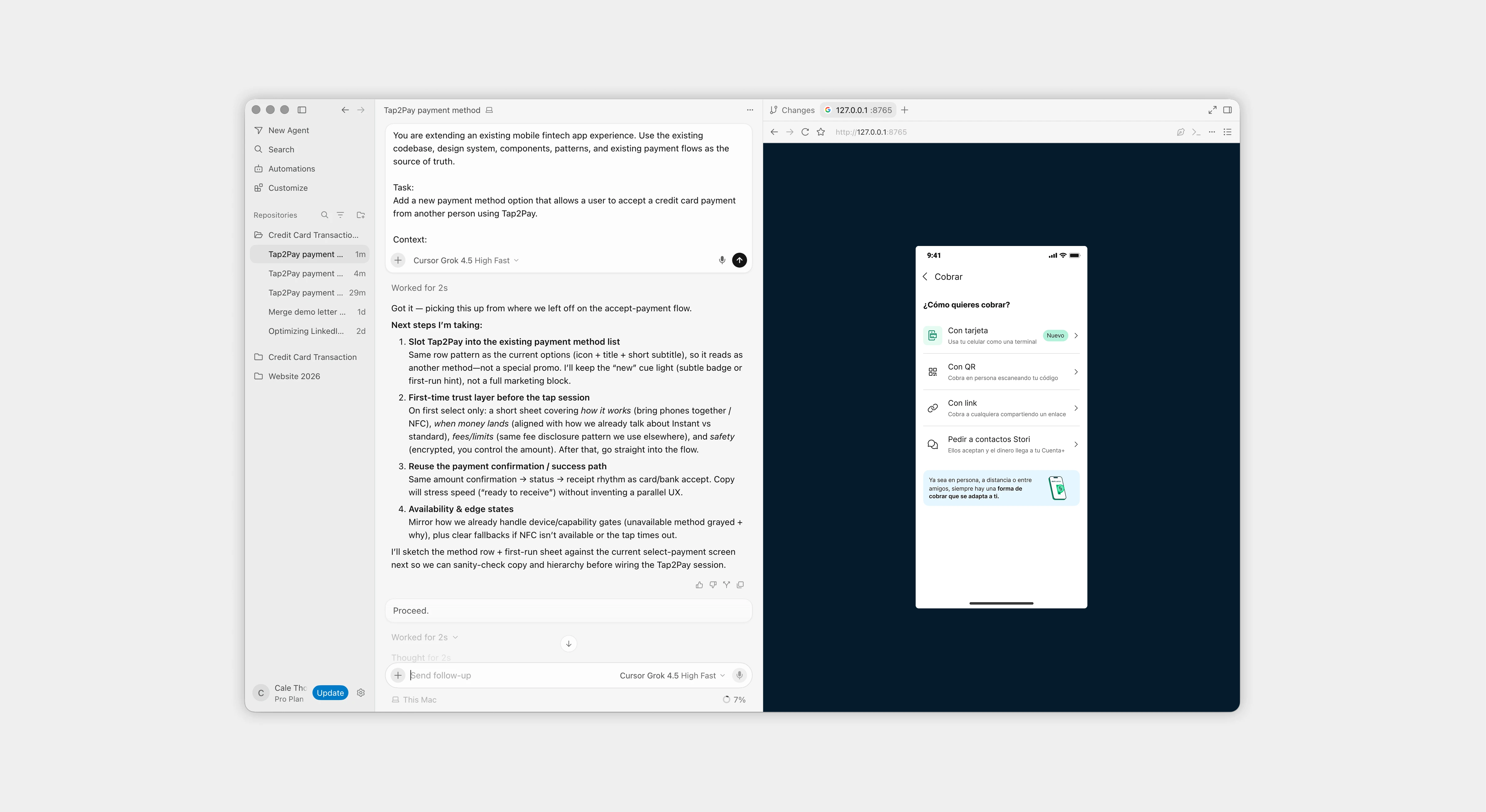 Cursor agent building a Tap2pay onboarding prototype